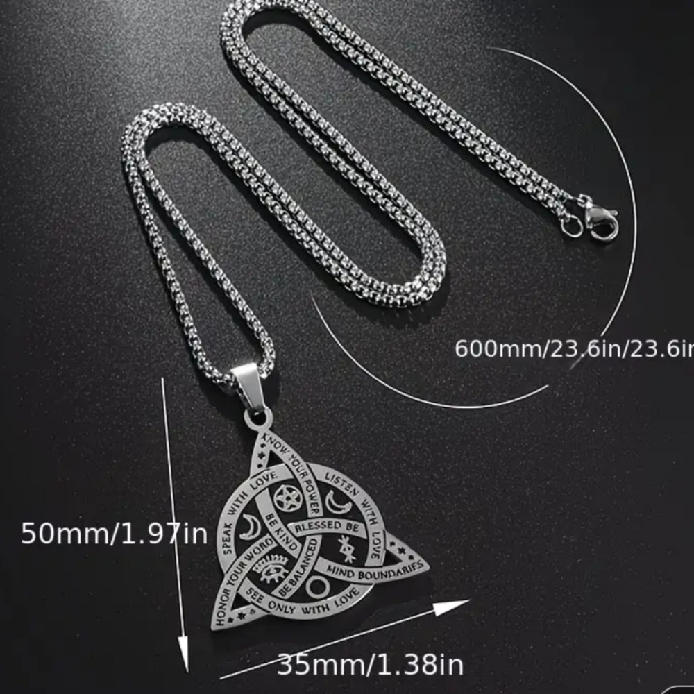 Stainless Steel Triquetra Pendant Necklace with Inspirational Engravings. - Picture 2 of 3